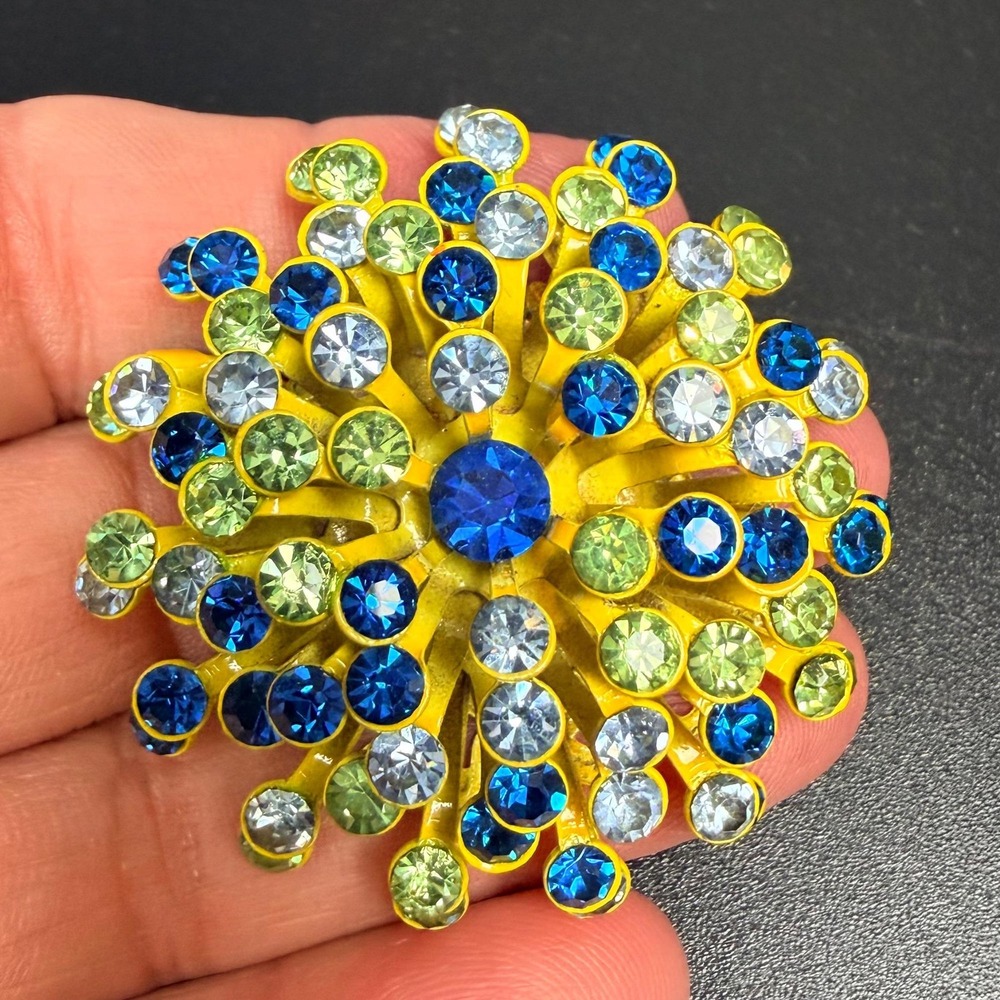 Vintage Atomic Brooch Yellow Blue Green Clear Rhinestones Sputnik Starburst - Picture 9 of 14